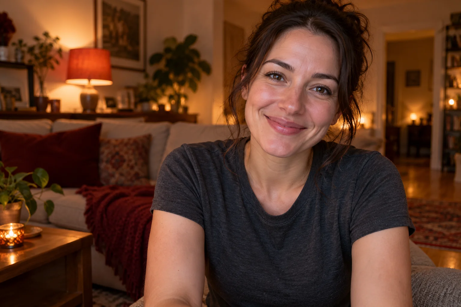 A smiling adult woman in a warmly lit room